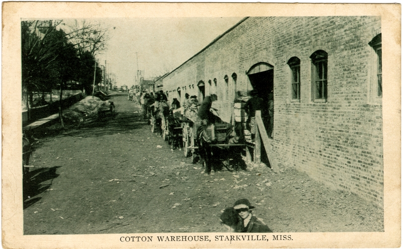 Historic postcard showing the cotton warehouse in Starkville