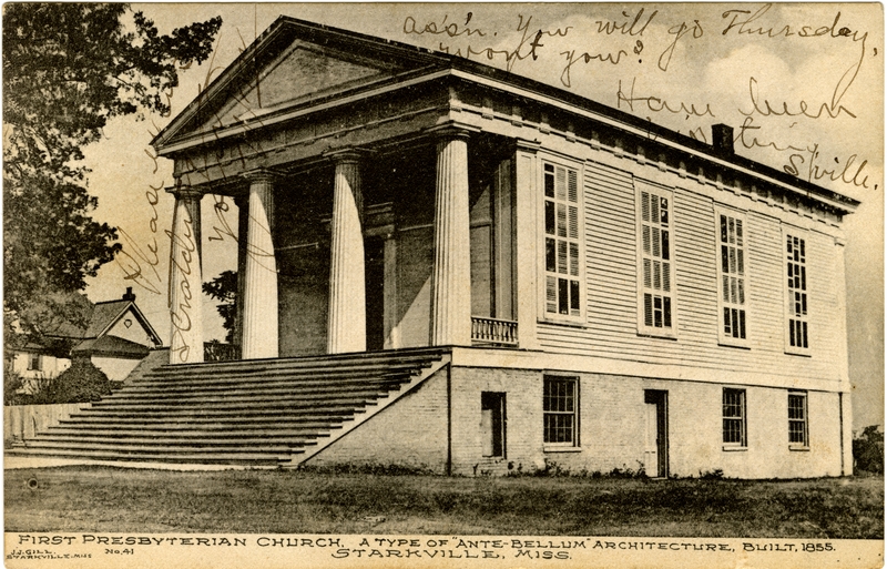 Historic postcard of First Presbyterian Church in Starkville