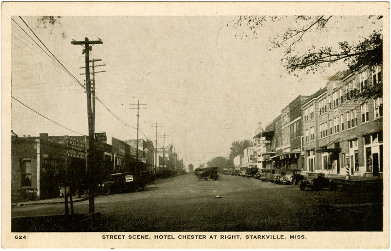 Historic Starkville street postcard showing vintage cars and Hotel Chester on the right