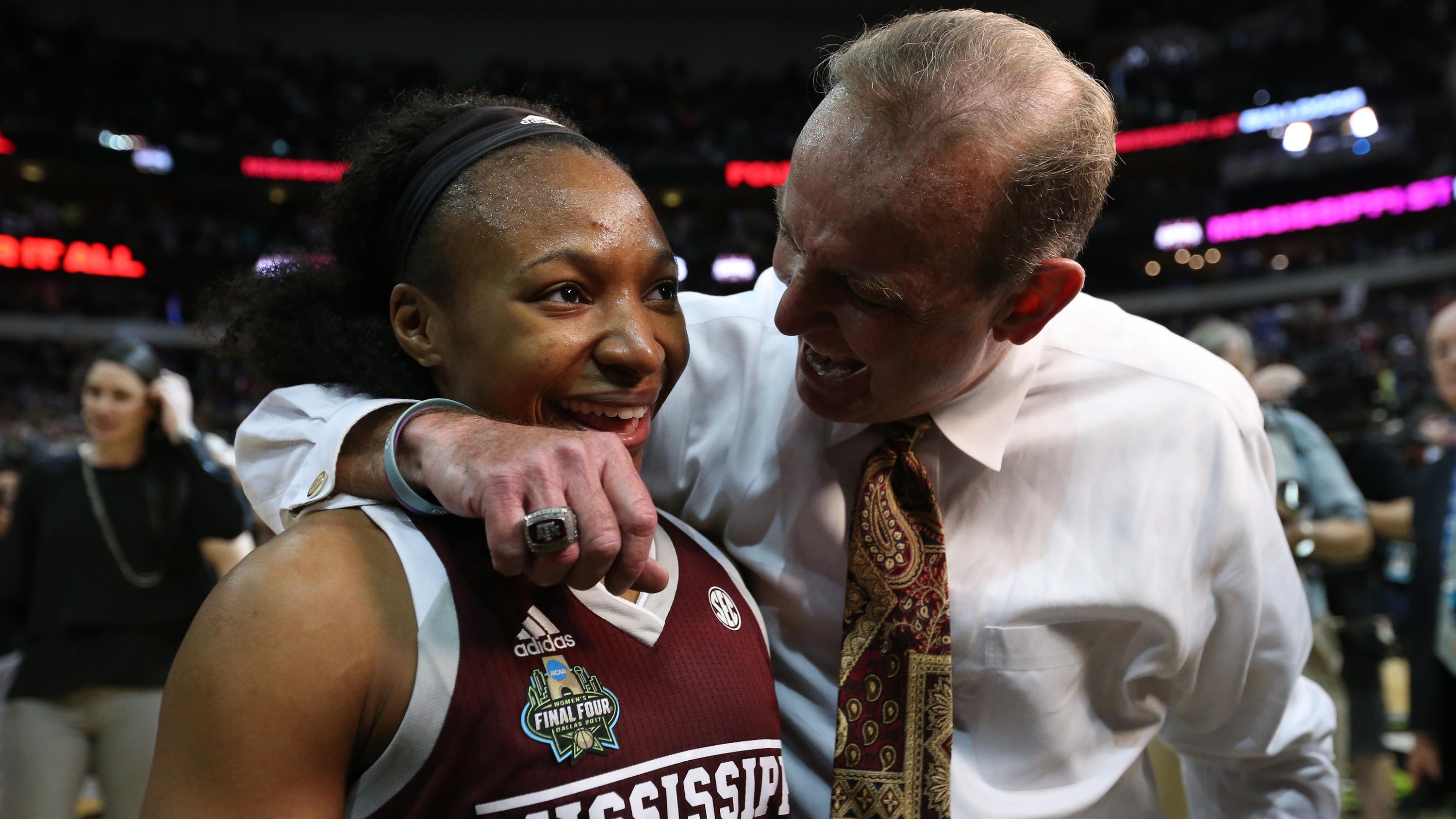 Morgan William and Vic Schaefer celebrate Mississippi State's 2017 win over UConn
