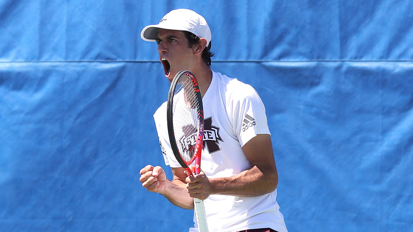Nuno Borges celebrates while clinching Mississippi State's 2019 SEC men's tennis championship