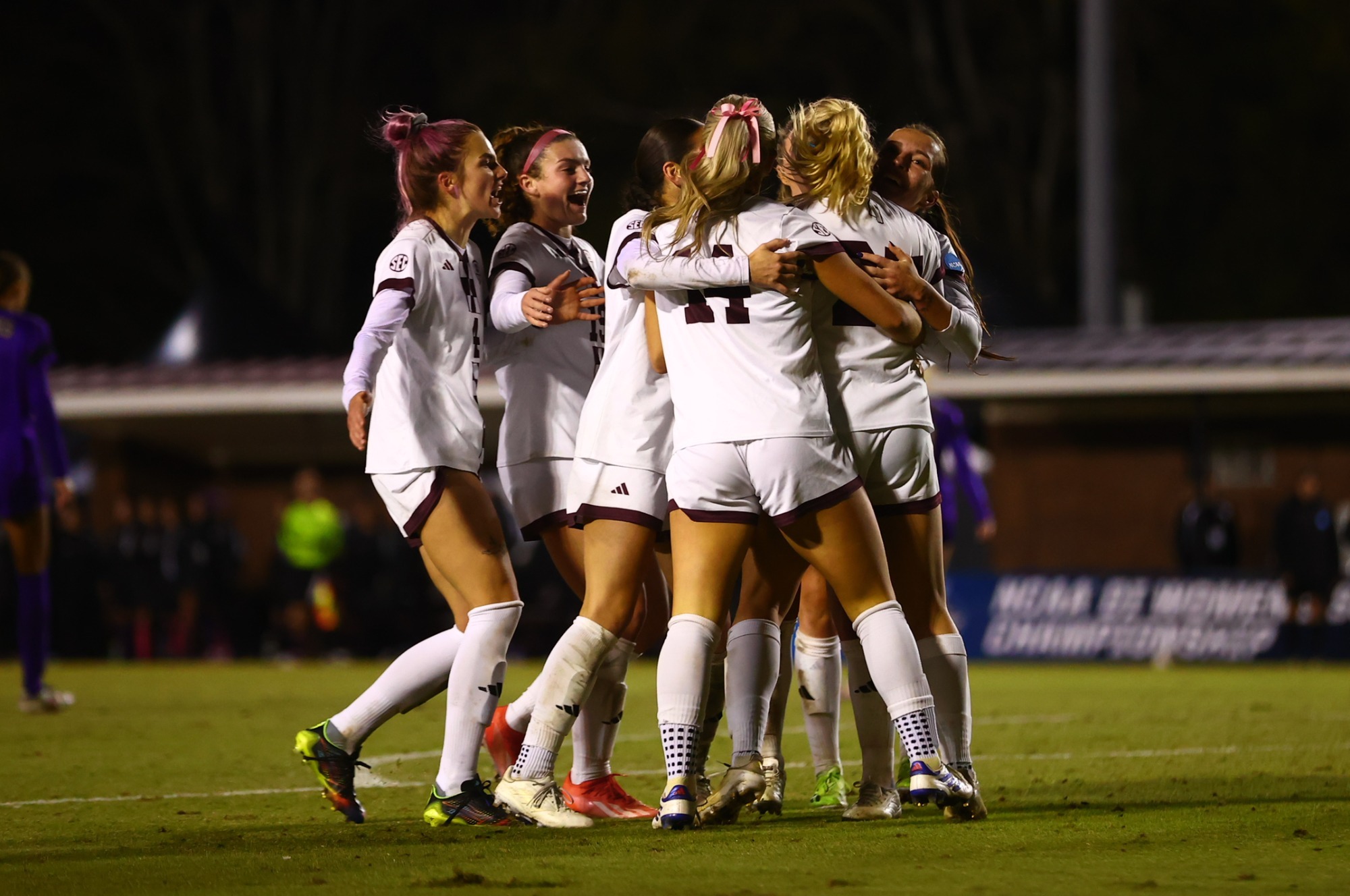 Mississippi State soccer players celebrate the winning goal against Washington in the 2024 NCAA Tournament